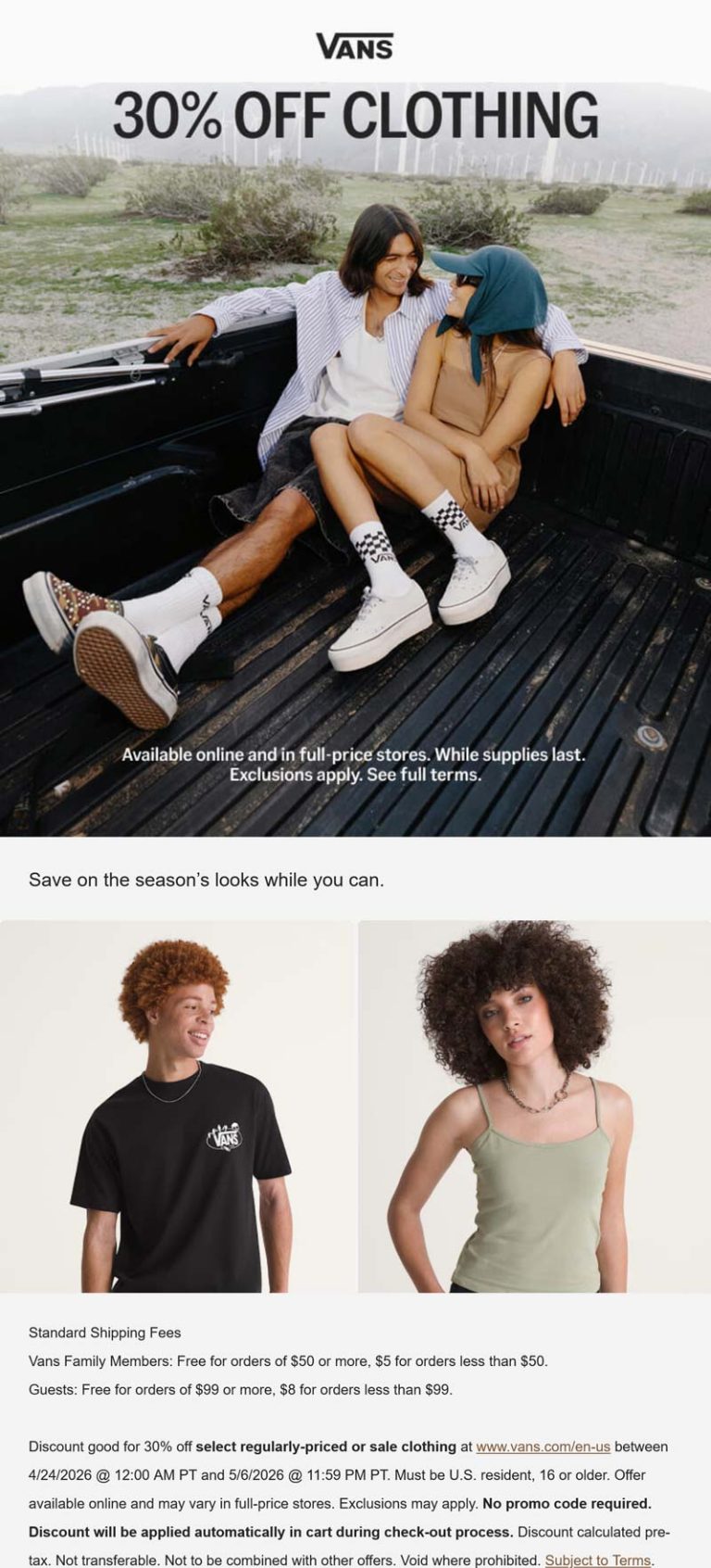 30% off all clothing today at Vans