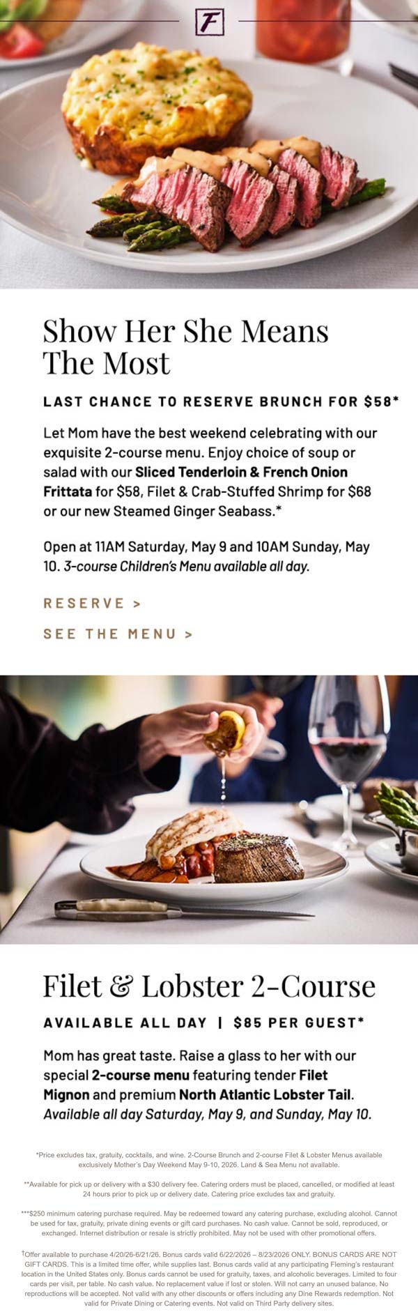 $58 2-course Mothers day brunch at Flemings steakhouse