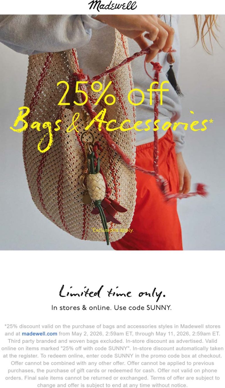 25% off bags & accessories at Madewell, or online via promo code SUNNY