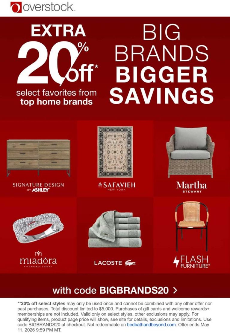 Extra 20% off at Overstock via promo code BIGBRANDS20