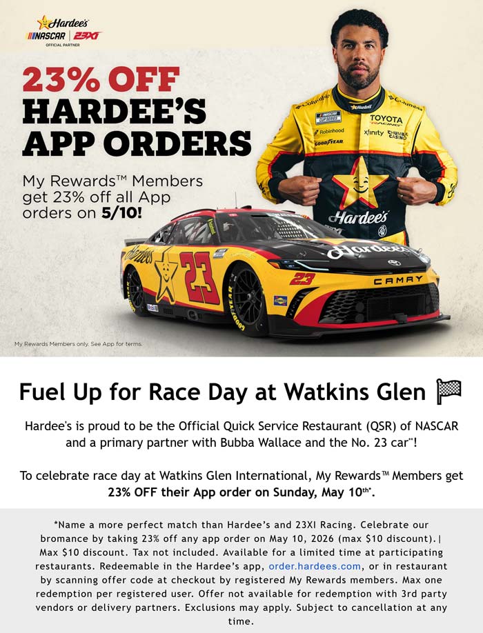 23% off app orders today at Hardees restaurants