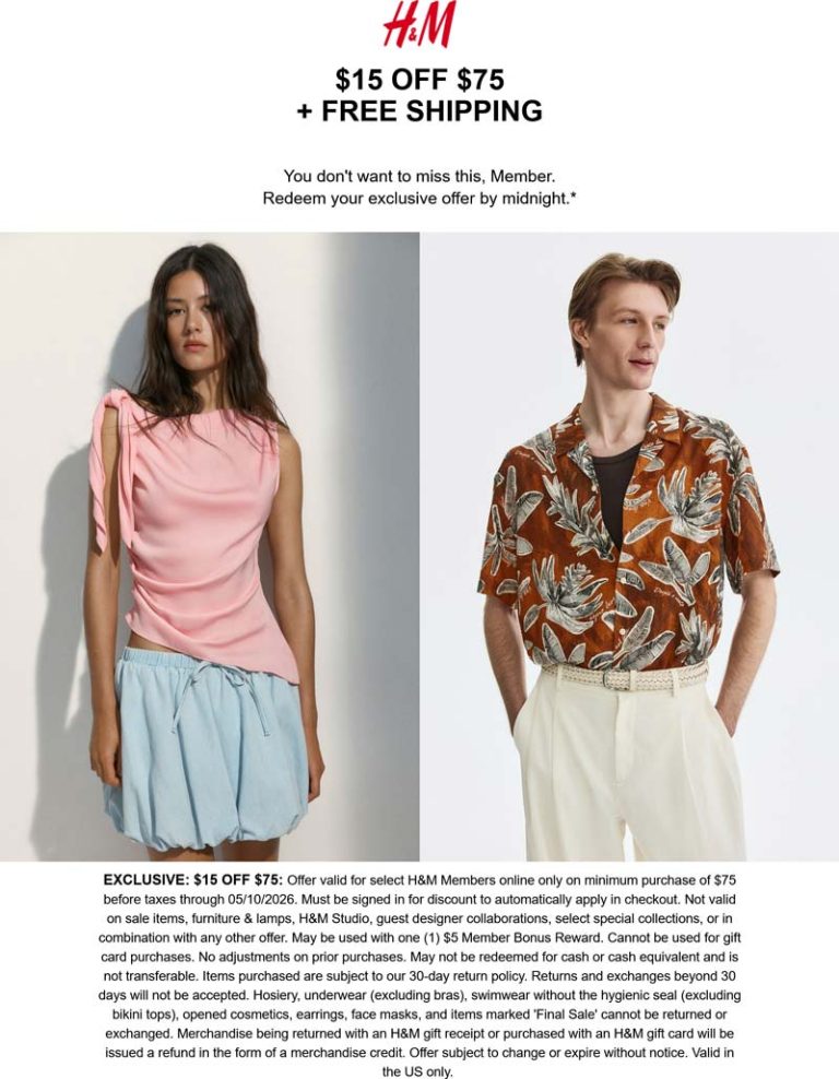 H&M coupon: $15 off $75 today via login at H&M