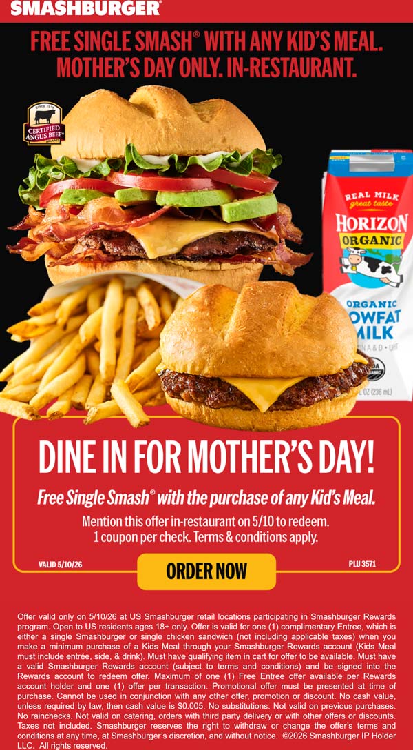 Free single cheeseburger for mom with your kids meal today at Smashburger