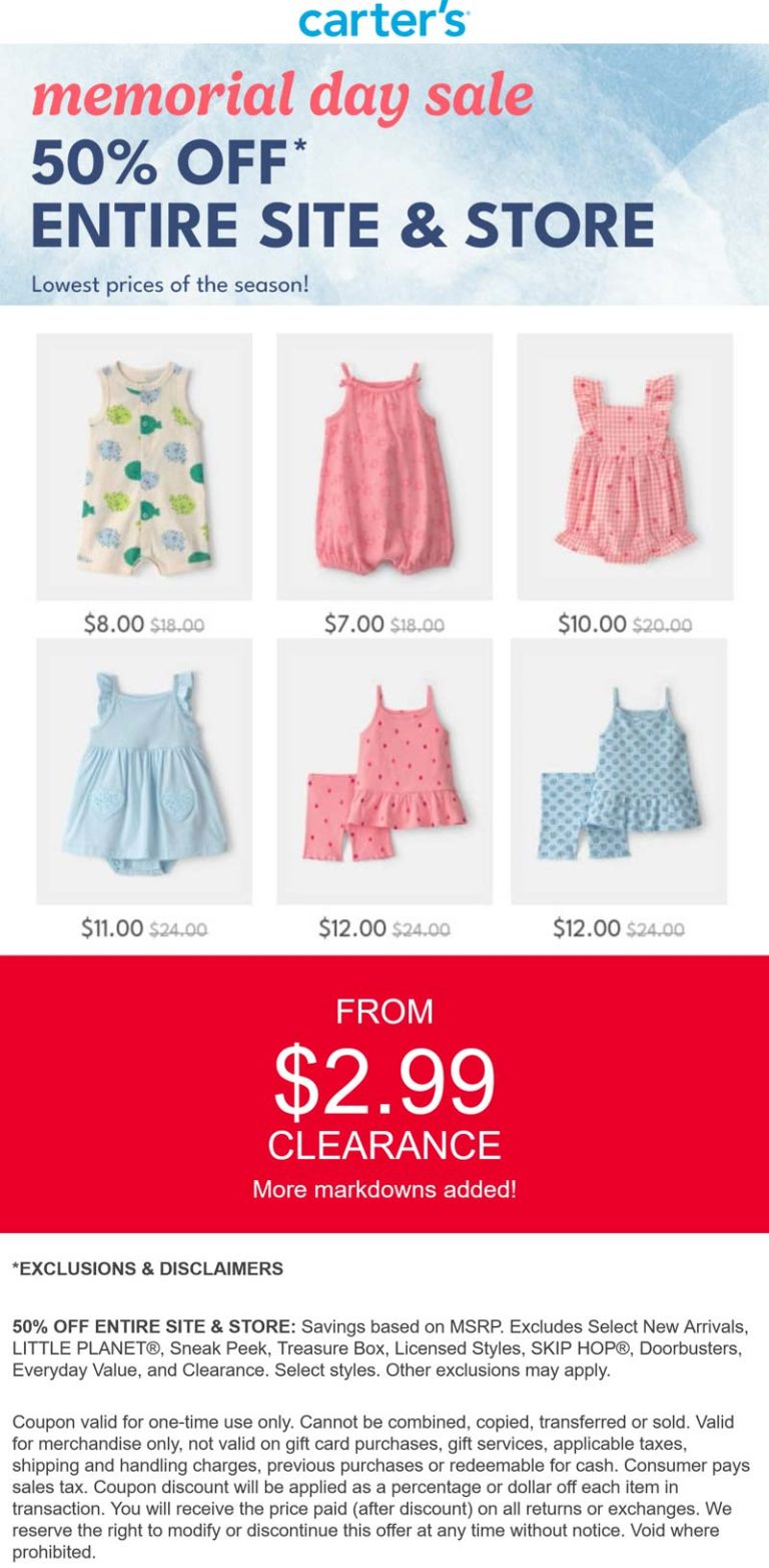 50% off everything at Carters, ditto online