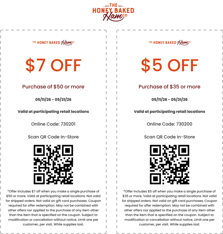 $5-$7 off $35+ at Honeybaked Ham restaurants, or online via promo code 730200