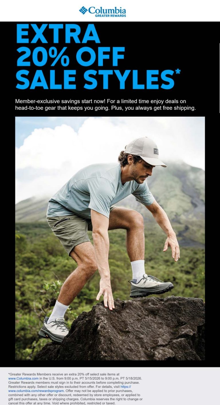 Extra 20% off sale styles at Columbia