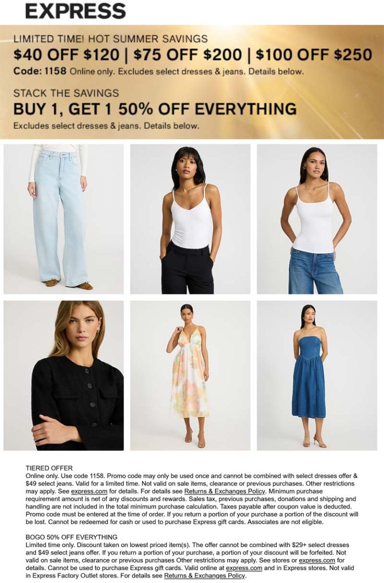 $40-$100 off $120+ & more at Express via promo code 1158