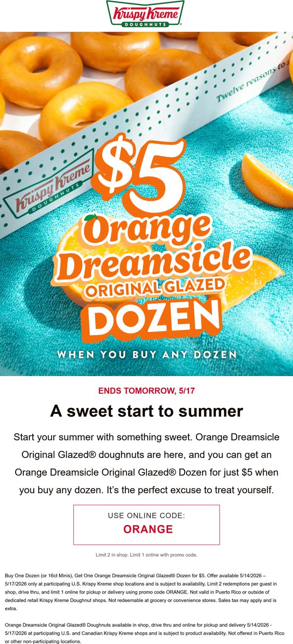 Second dozen $5 at Krispy Kreme doughnuts via promo code ORANGE