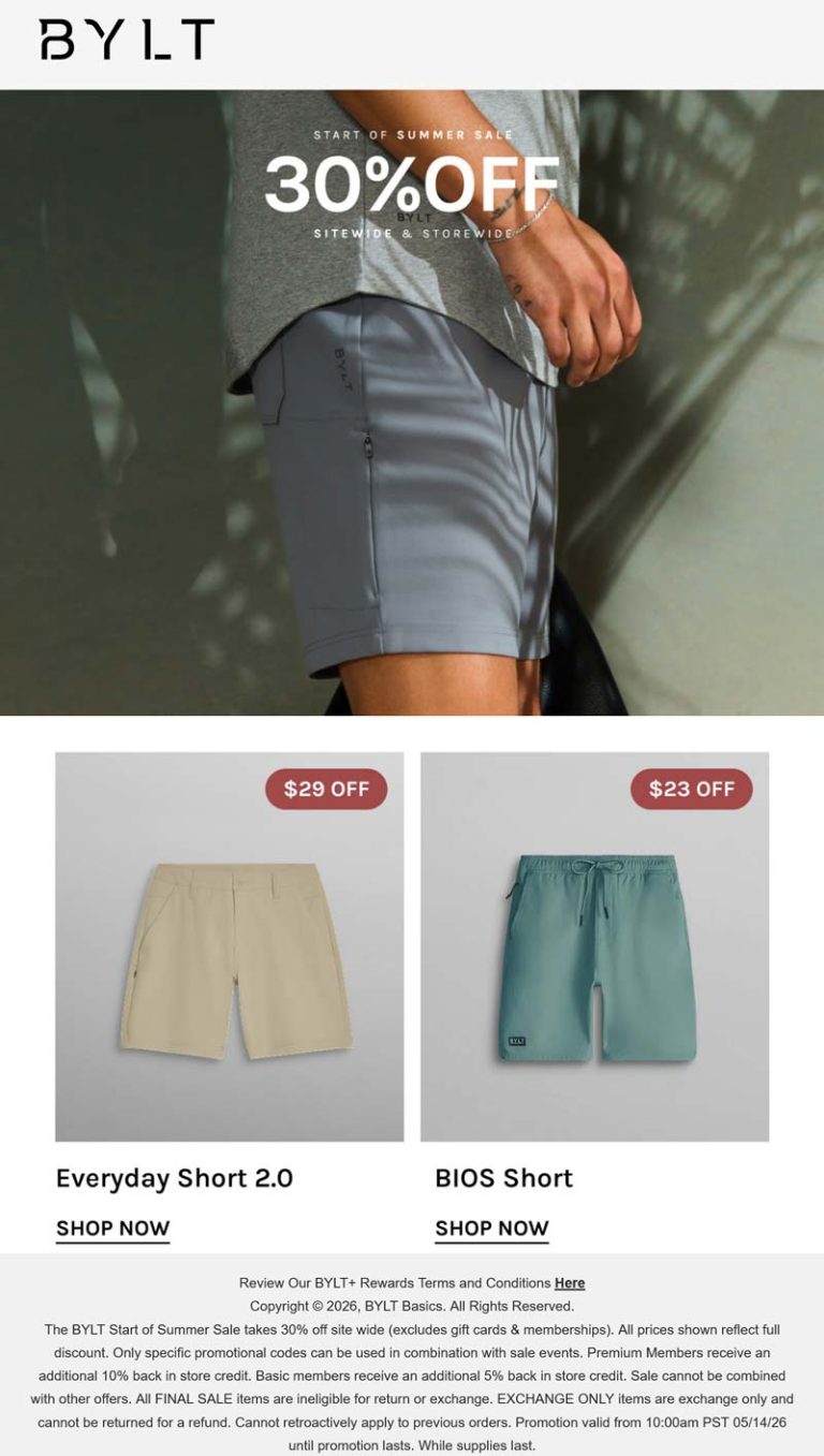30% off everything at BYLT, ditto online