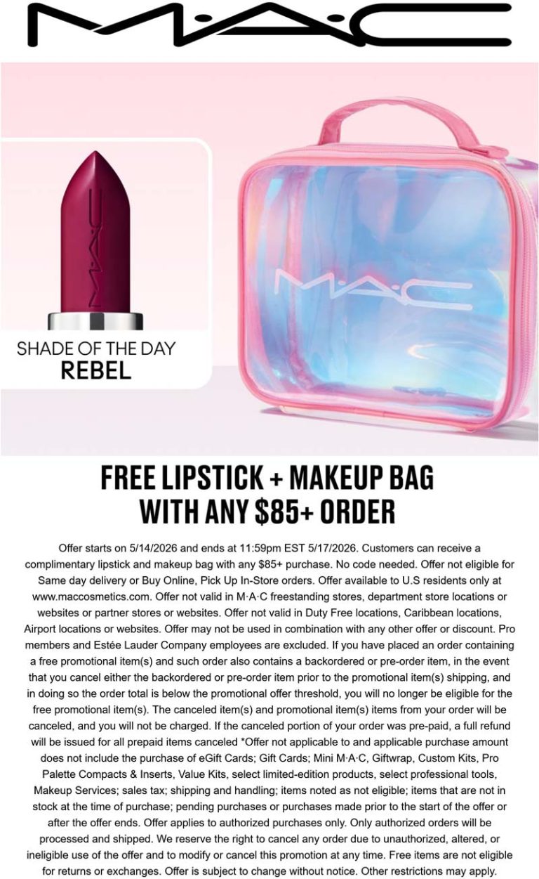 Free lipstick & makeup bag on $85 today online at MAC cosmetics