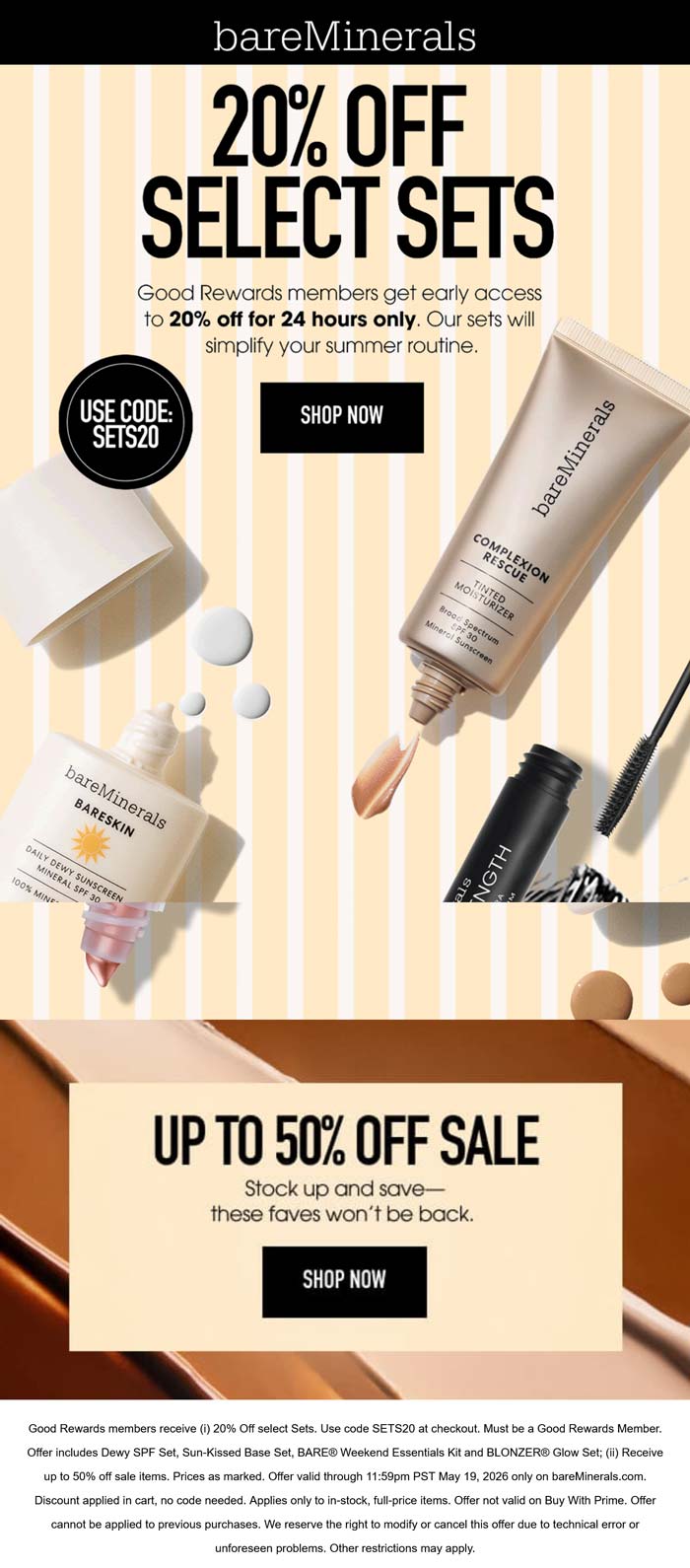20-50% off at bareMinerals via promo code SETS20