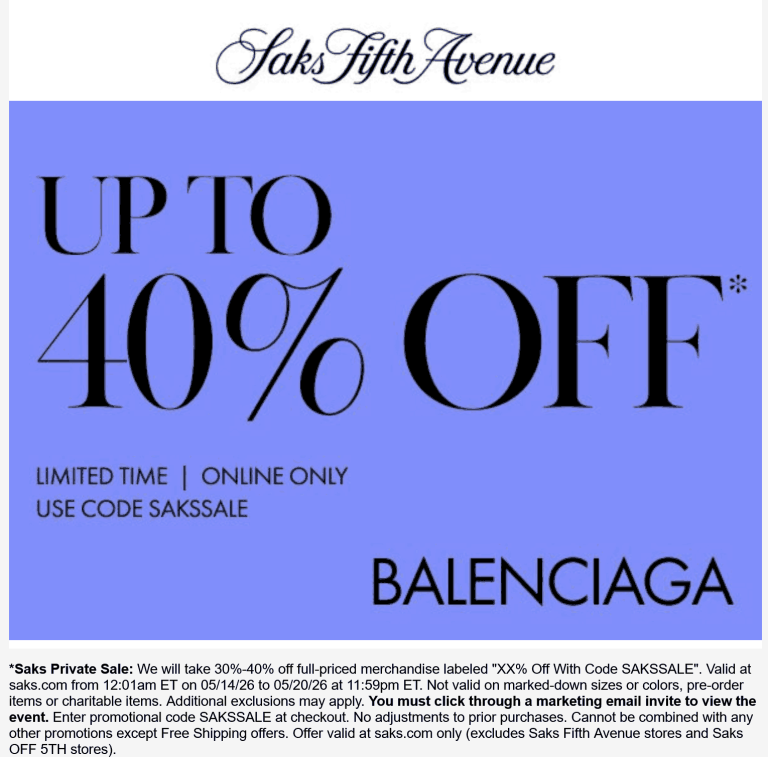 30-40% off designer styles online at Saks Fifth Avenue via promo code SAKSSALE