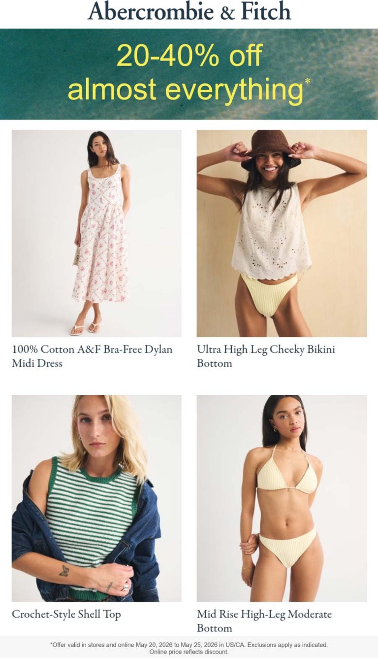 Abercrombie & Fitch coupon: 20-40% off at Abercrombie & Fitch, ditto online