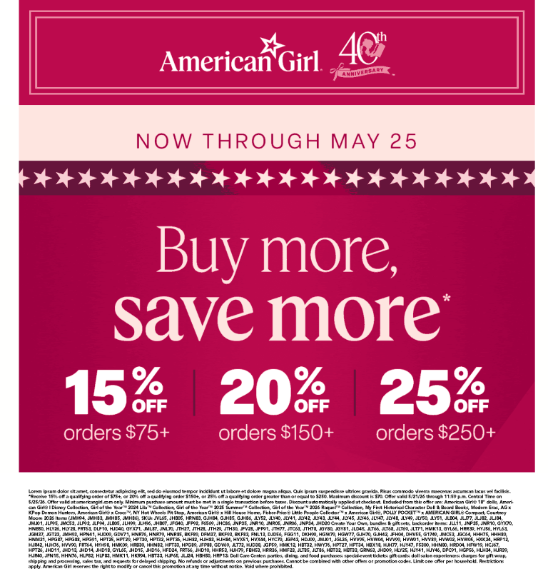 15-25% off $75+ at American Girl doll