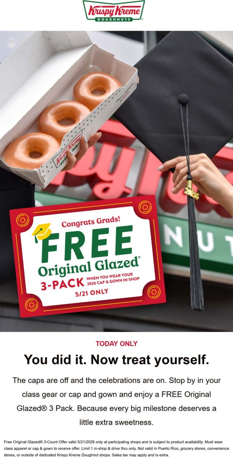 Grads in cap and gown enjoy a free 3-pack today at Krispy Kreme doughnuts