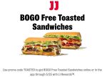 Second toasted sandwich free at Jimmy Johns via promo code TOASTED #jimmyjohns