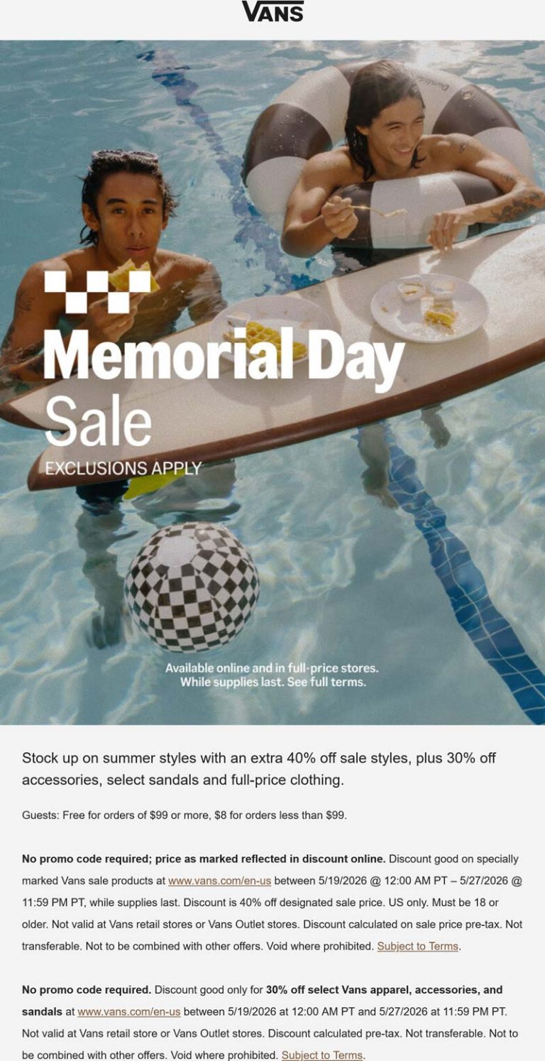 Extra 40% off sale items & more at Vans