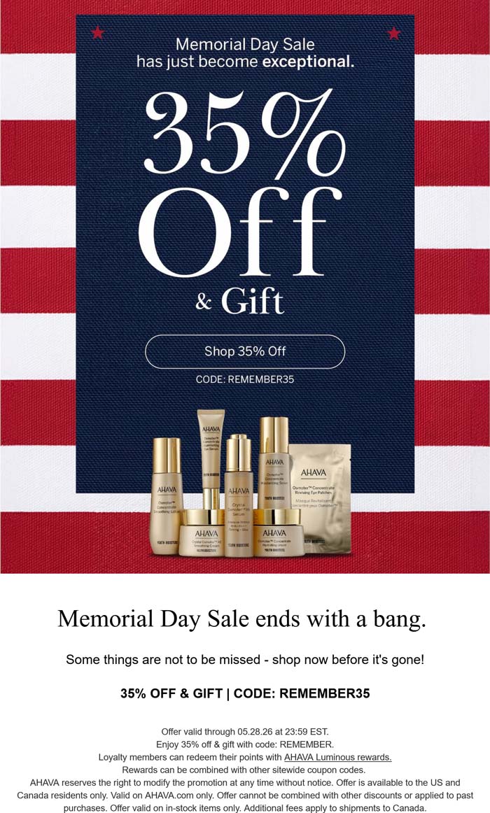 35% off + free 7pc at AHAVA via promo code REMEMBER35