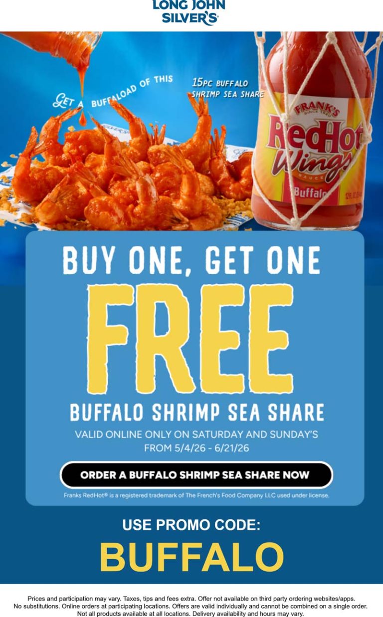 Second buffalo shrimp free weekends at Long John Silvers restaurants via promo code BUFFALO