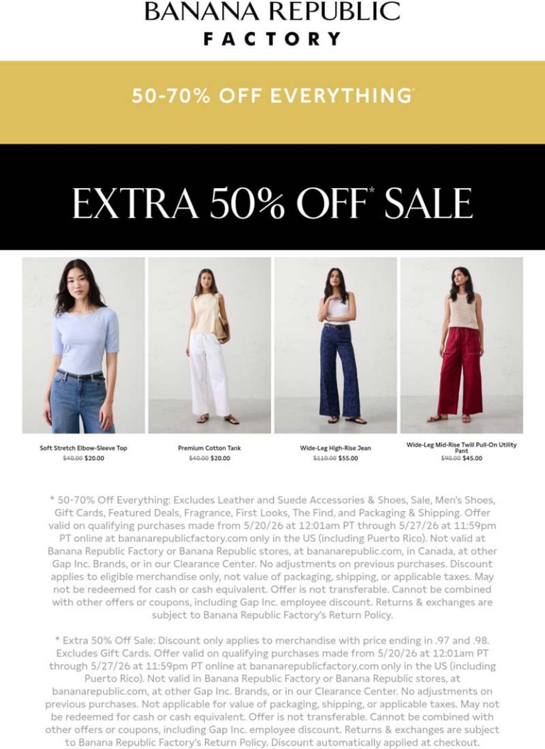 Extra 50-70% off everything today online at Banana Republic Factory