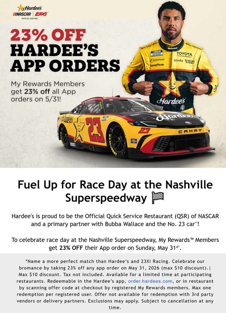 23% off online today at Hardees restaurants