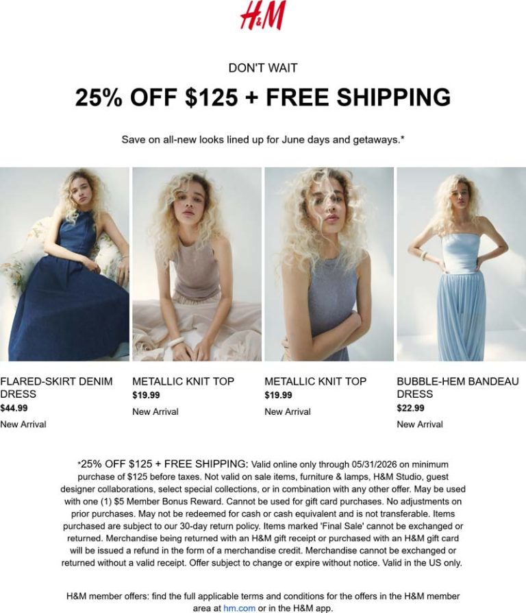 H&M coupon: 25% off $125 today at H&M