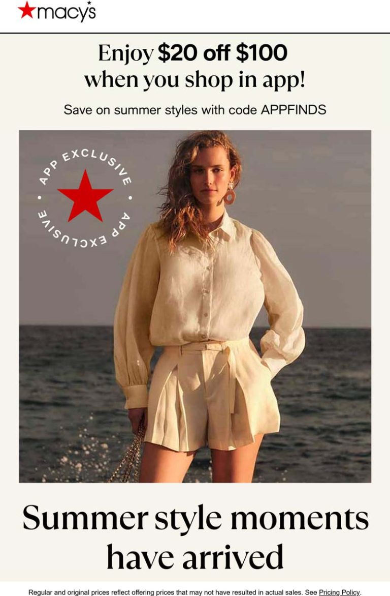 $20 off $100 online today at Macys via promo code APPFINDS