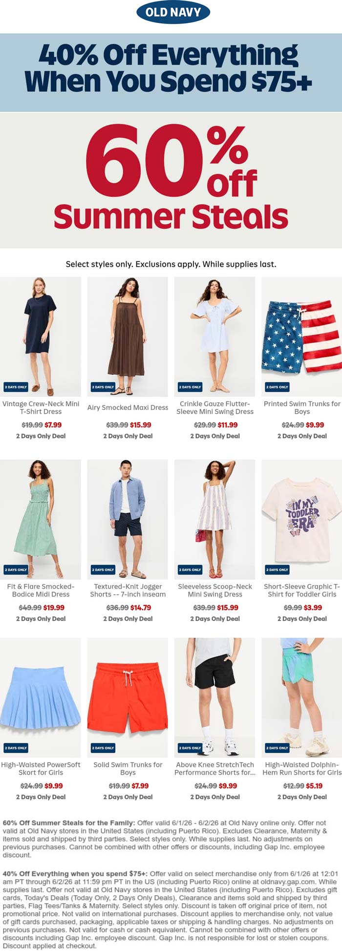 40-60% off online today at Old Navy