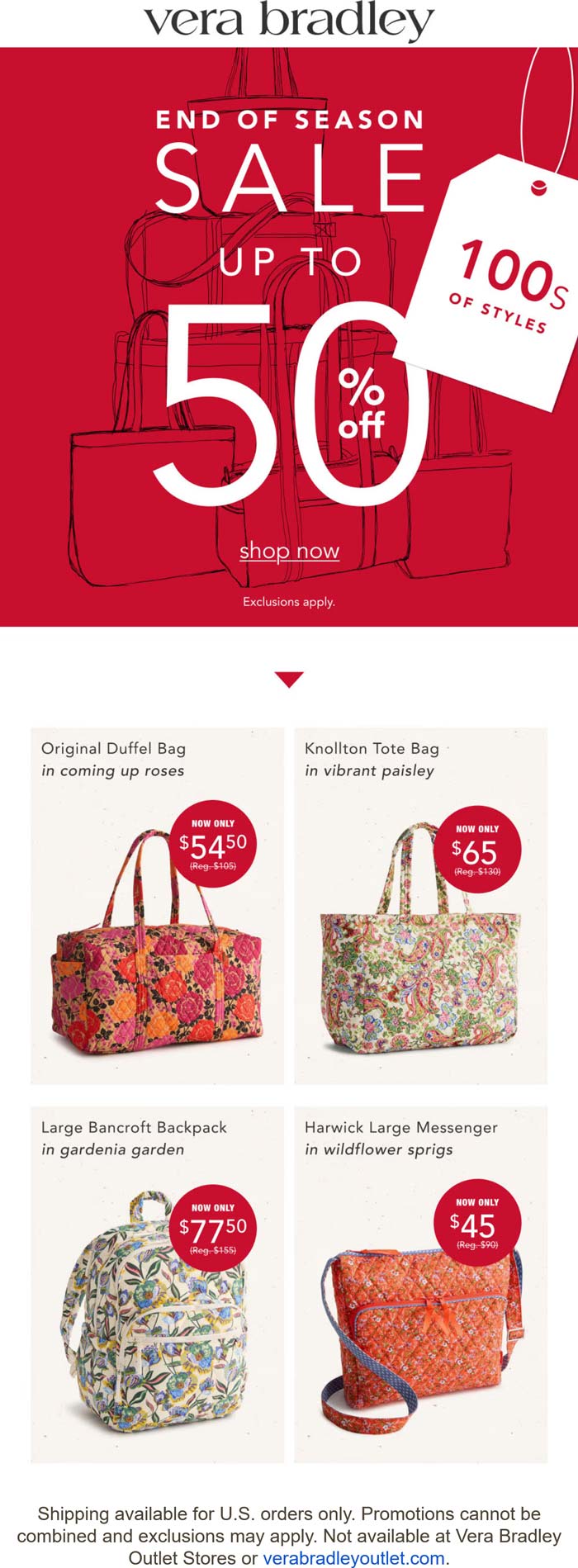 50% off seasonal at Vera Bradley