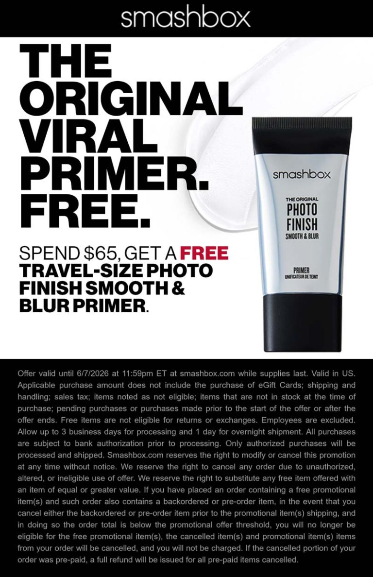 Free primer on $65 today online at Smashbox cosmetics