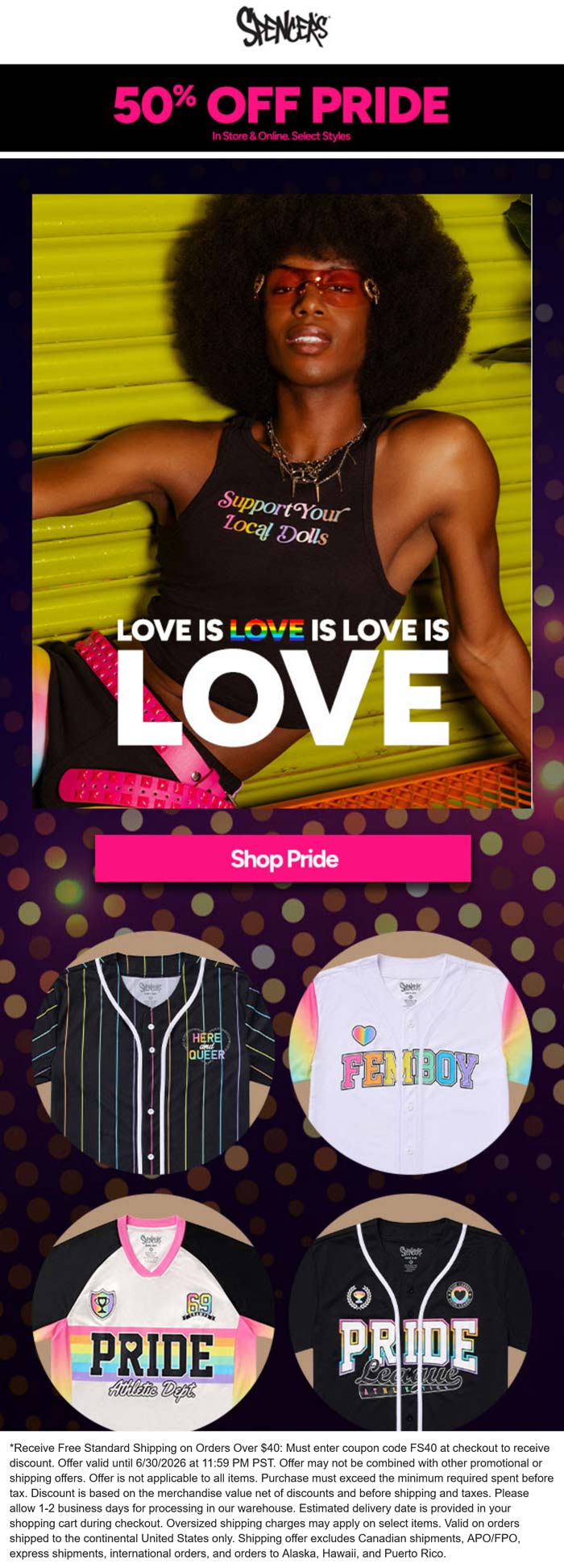 50% off pride at Spencers, ditto online