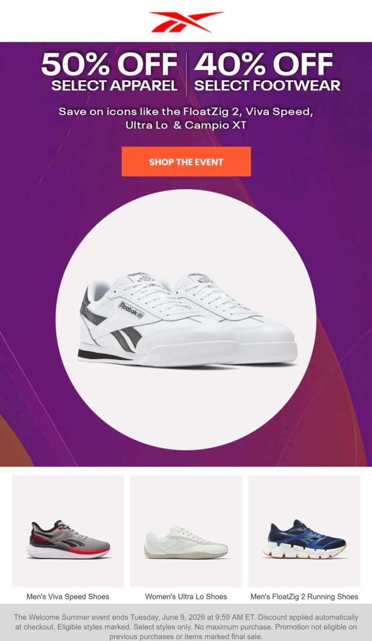 40-50% off online at Reebok