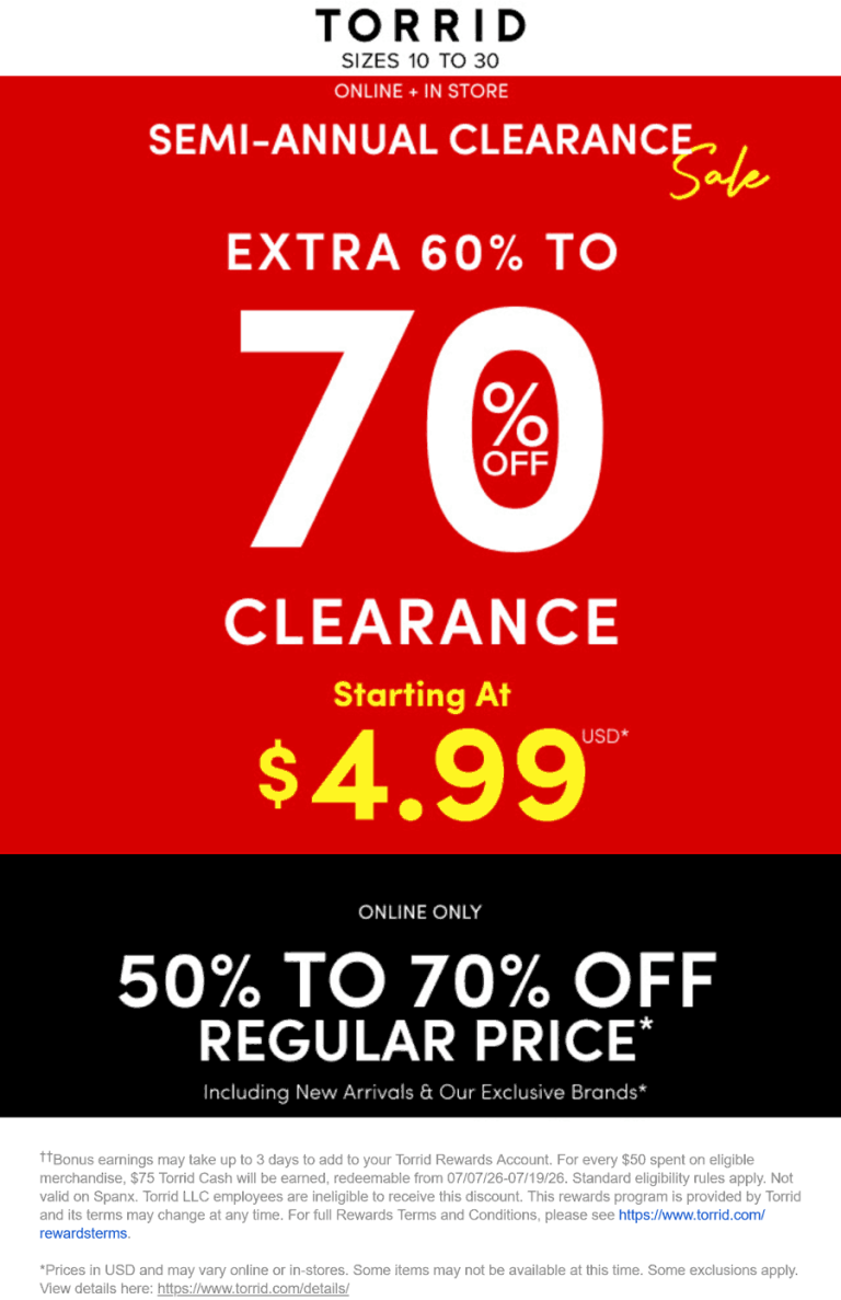 Extra 60-70% off clearance at Torrid, ditto online