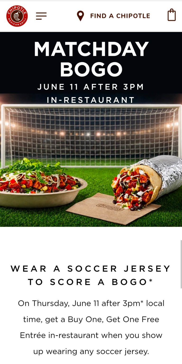 Second burrito or bowl free today in jersey at Chipotle