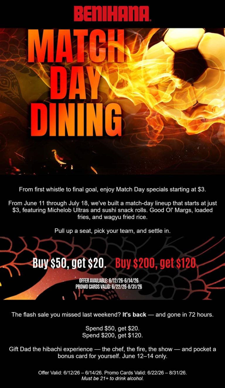 Sushi, margaritas, wagyu fried rice & more = $3 game days at Benihana hibachi restaurants