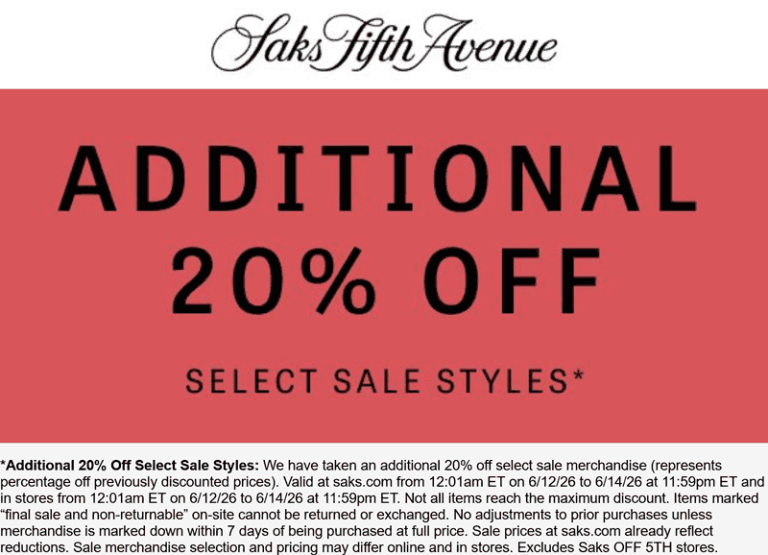Extra 20% off sale styles at Saks Fifth Avenue