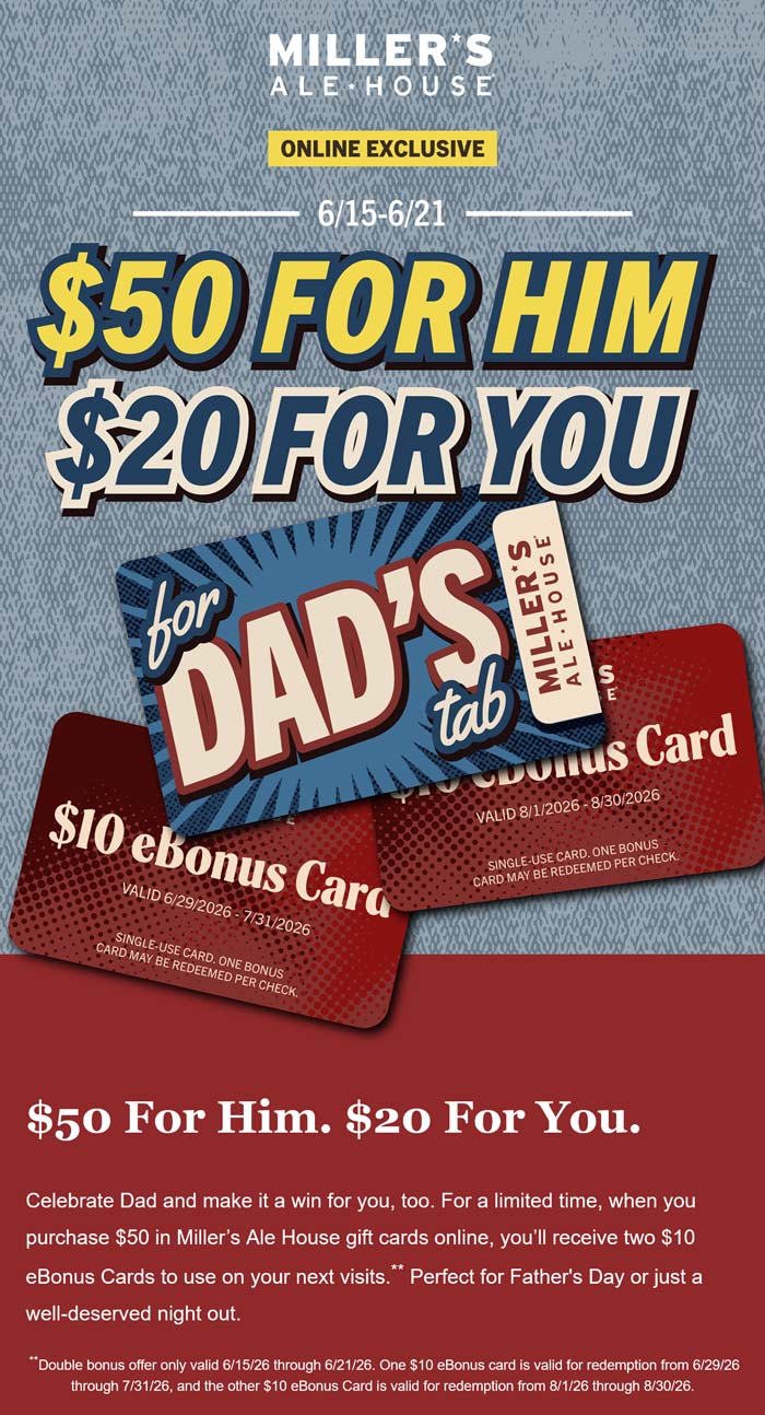 $70 in cards for $50 at Millers Ale House restaurants