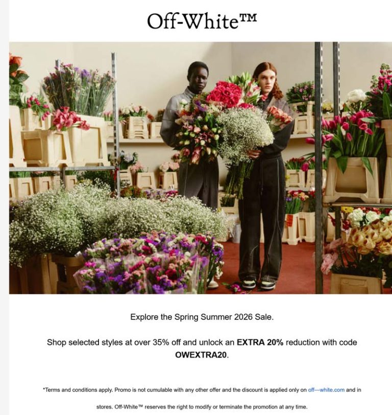 55% off sale items at Off-White, or online via promo code OWEXTRA20