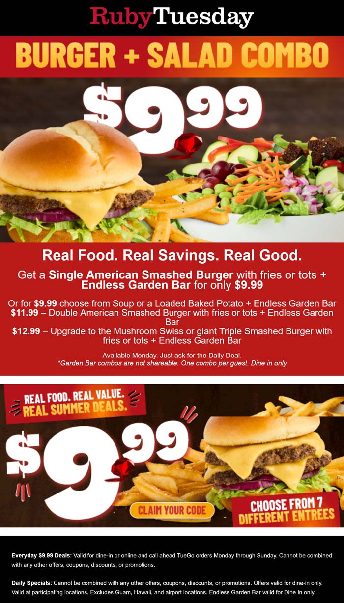Cheeseburger + salad bar = $10 today at Ruby Tuesday