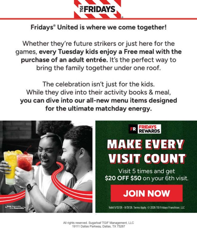 Free kids meal with yours today at TGI Fridays