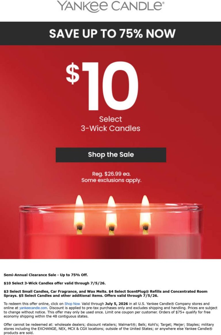 3-wick candles = $10 at Yankee Candle, ditto online