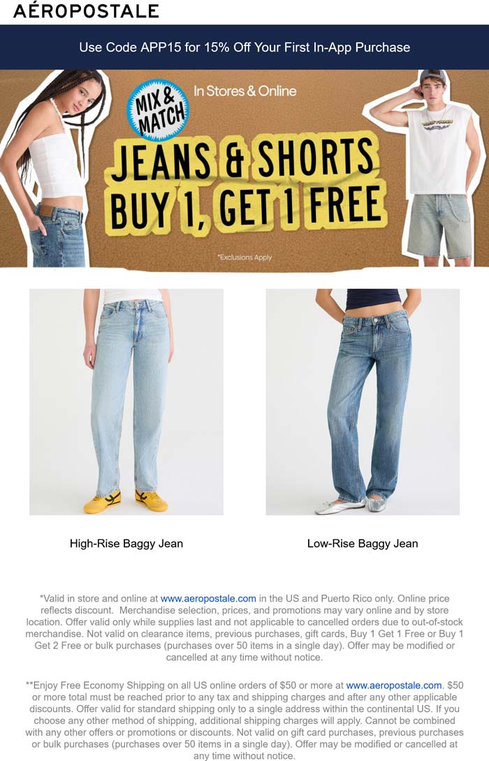 Second jeans & shorts free at Aeropostale, ditto online