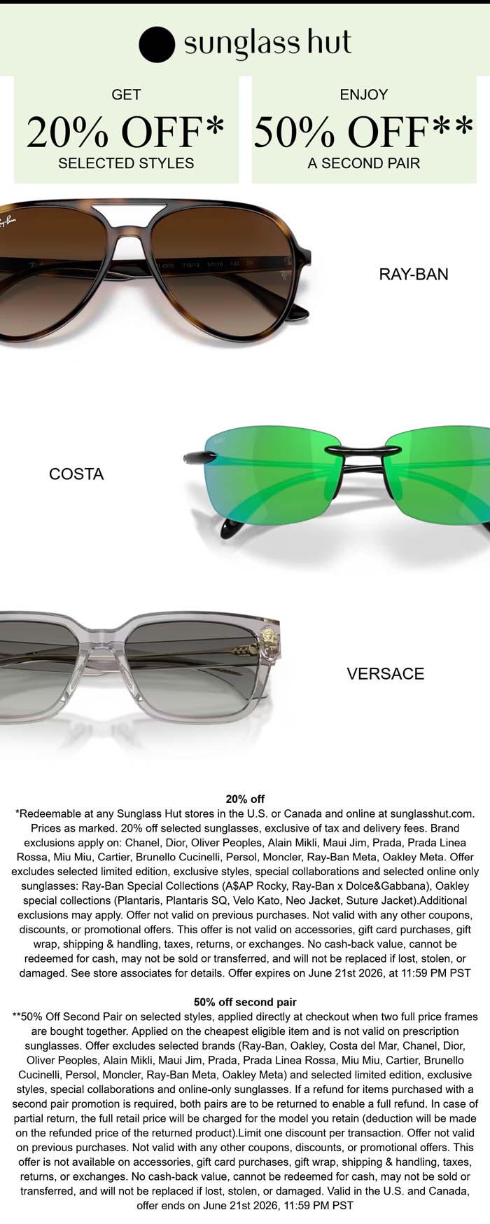 50% off second pair & more at Sunglass Hut