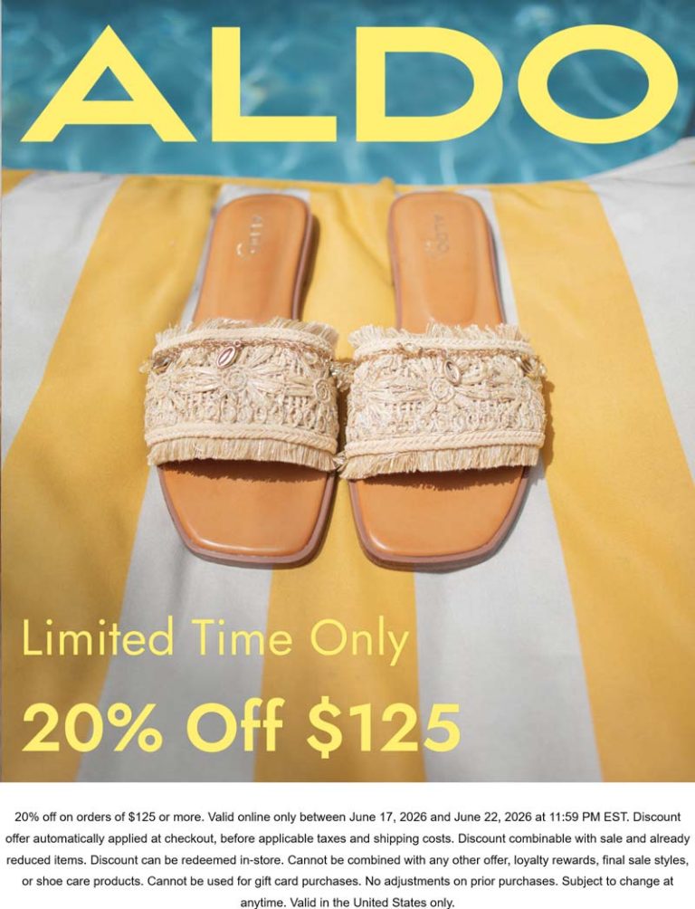 20% off $125 today at ALDO, ditto online