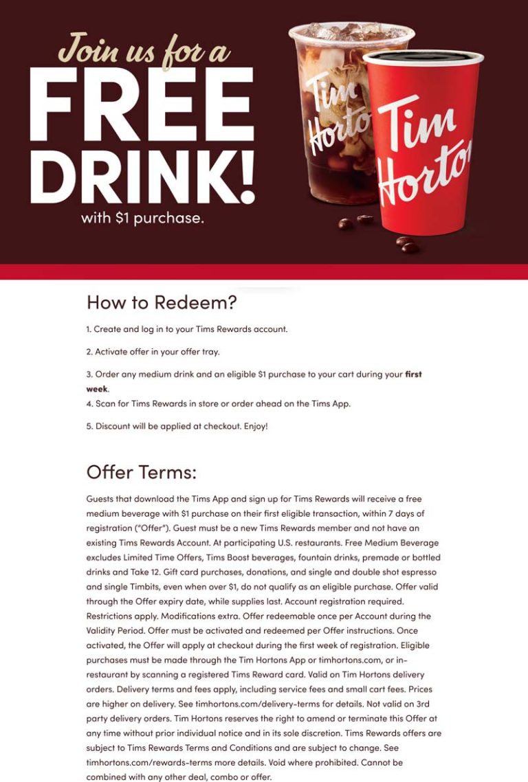Free coffee on $1 via login at Tim Hortons