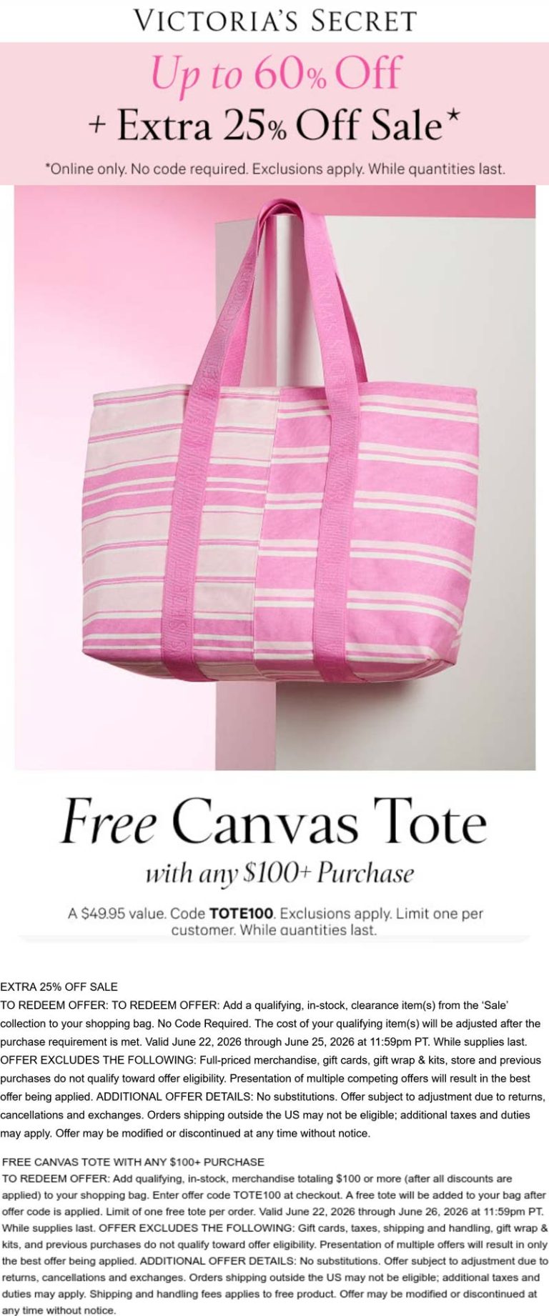 Extra 25% off sale items + free tote on $100+ at Victorias Secret via promo code TOTE100