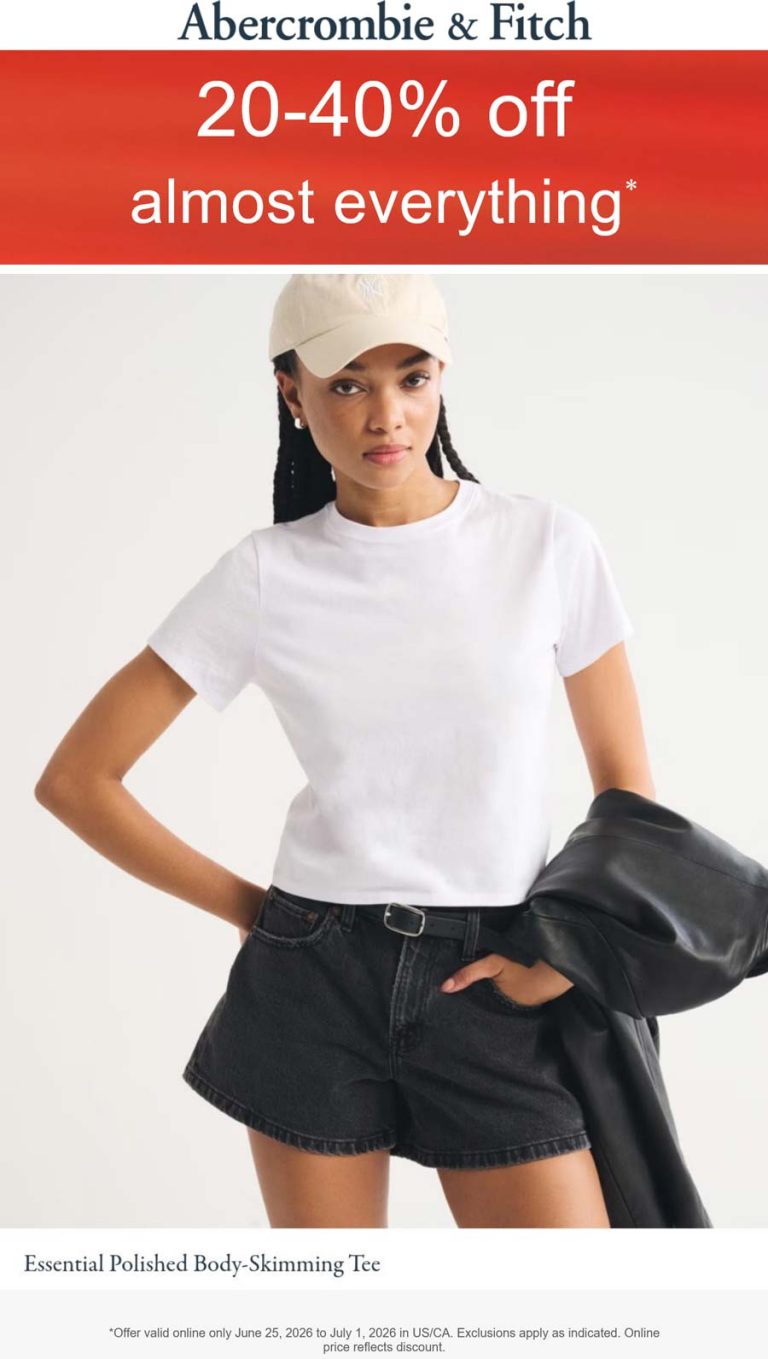 Abercrombie & Fitch coupon: 20-40% off online at Abercrombie & Fitch