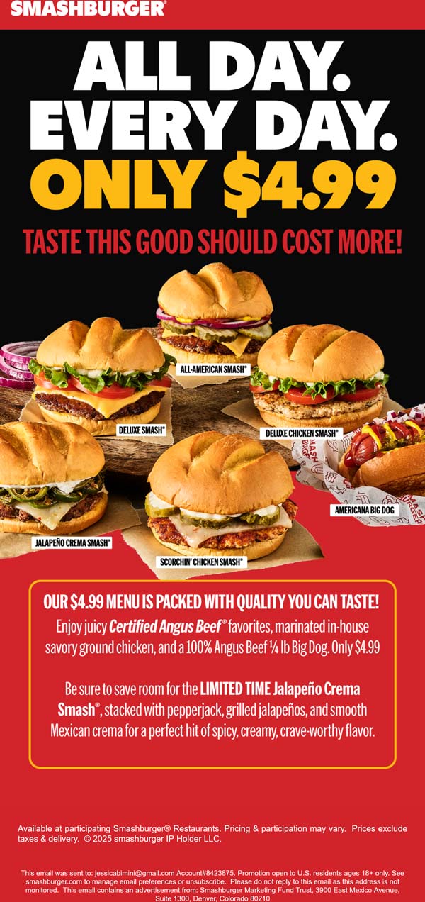 $5 cheeseburger, chicken, hot dog menu at Smashburger