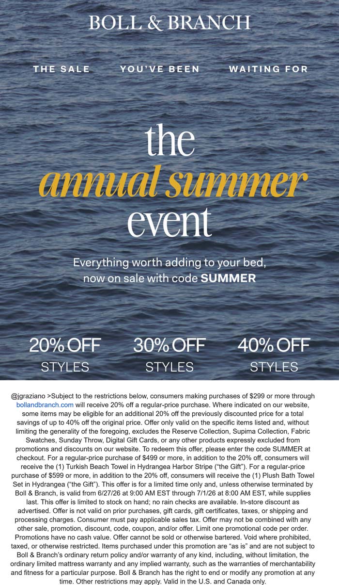 Boll & Branch coupon: 20-40% off today at Boll & Branch via promo code SUMMER