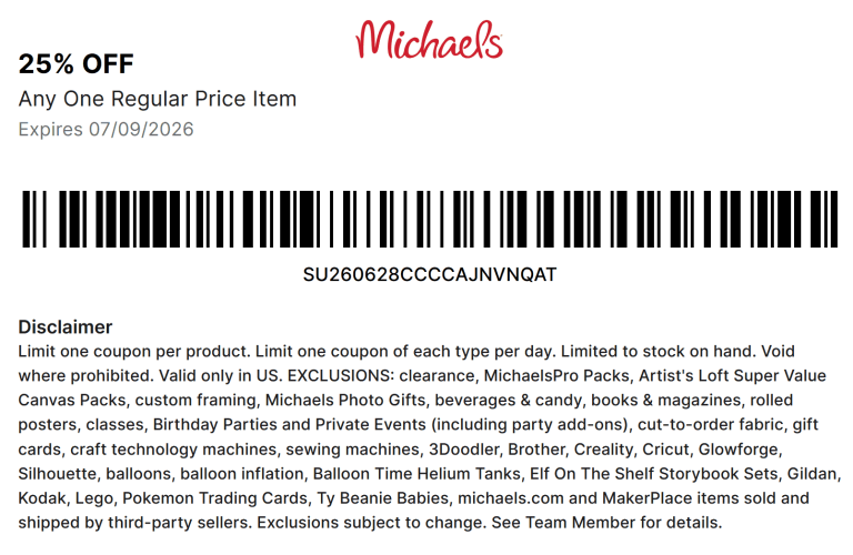 25% off a single item at Michaels, or online via promo code JULYISHERE